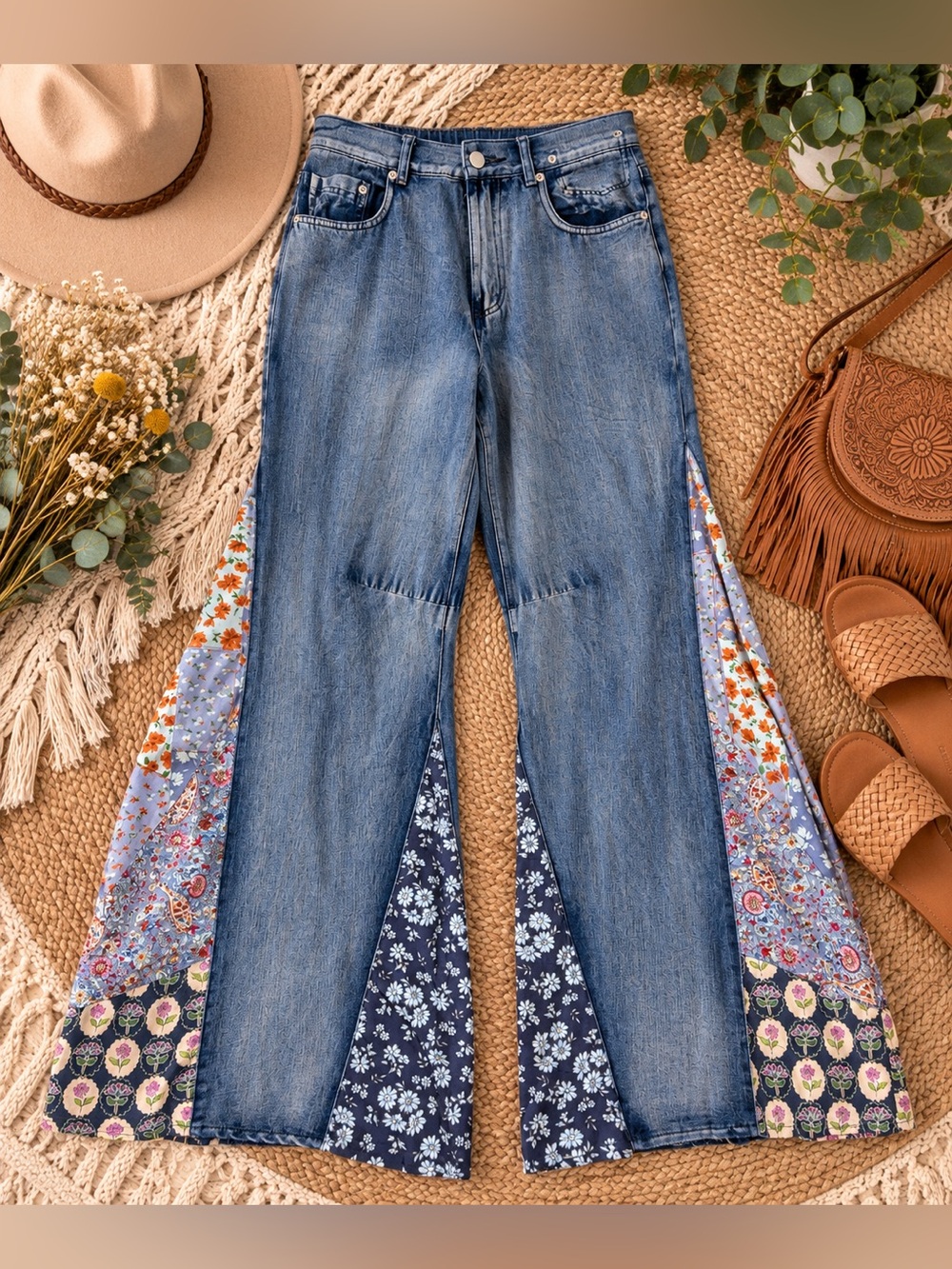 Blue Velvet NWT Boho Patchwork Flare Jeans Floral Panel Small